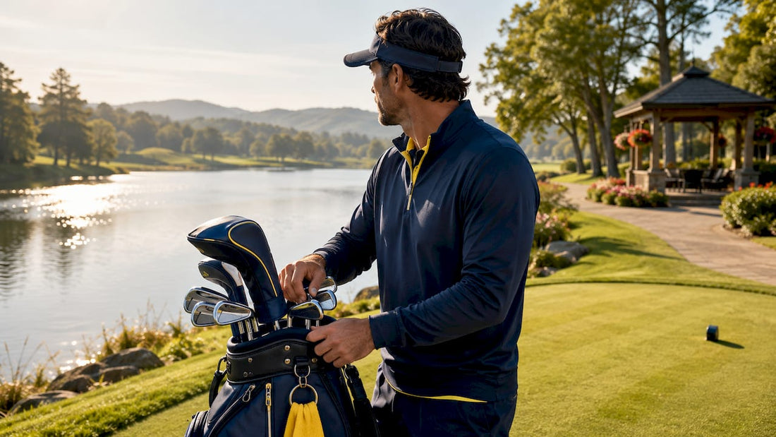 Caddie inspecting golf bag outdoors on course