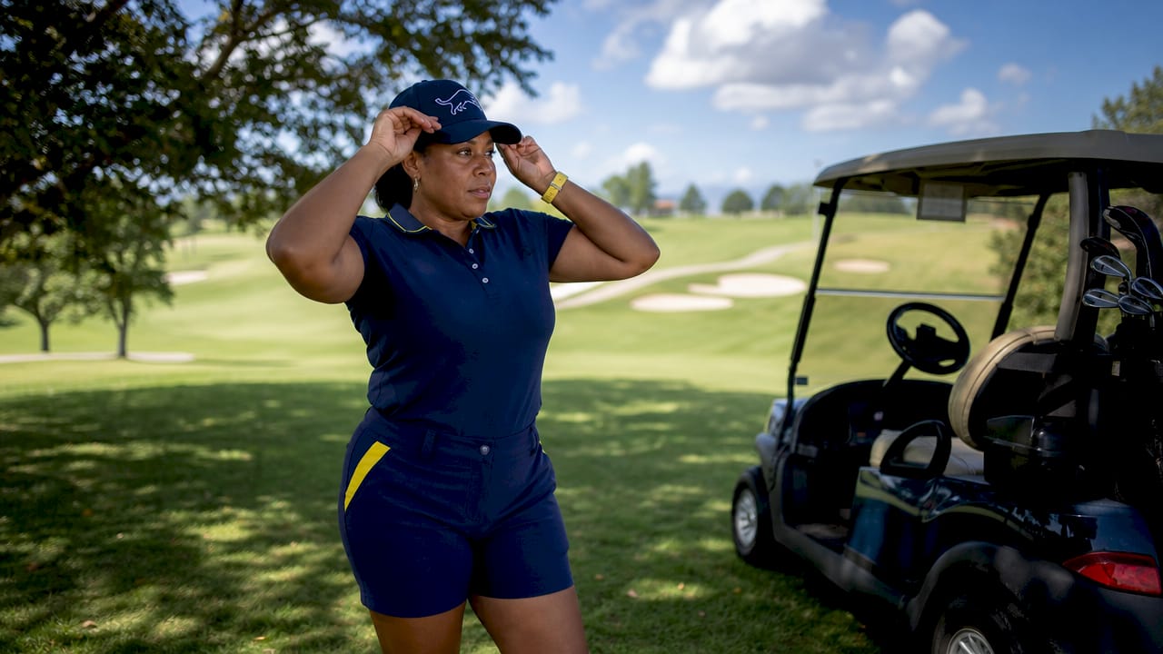 Golfer adjusting embroidered golf hat on course