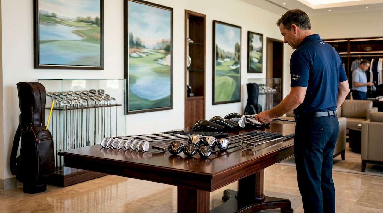 High-end golf gear showcased indoors