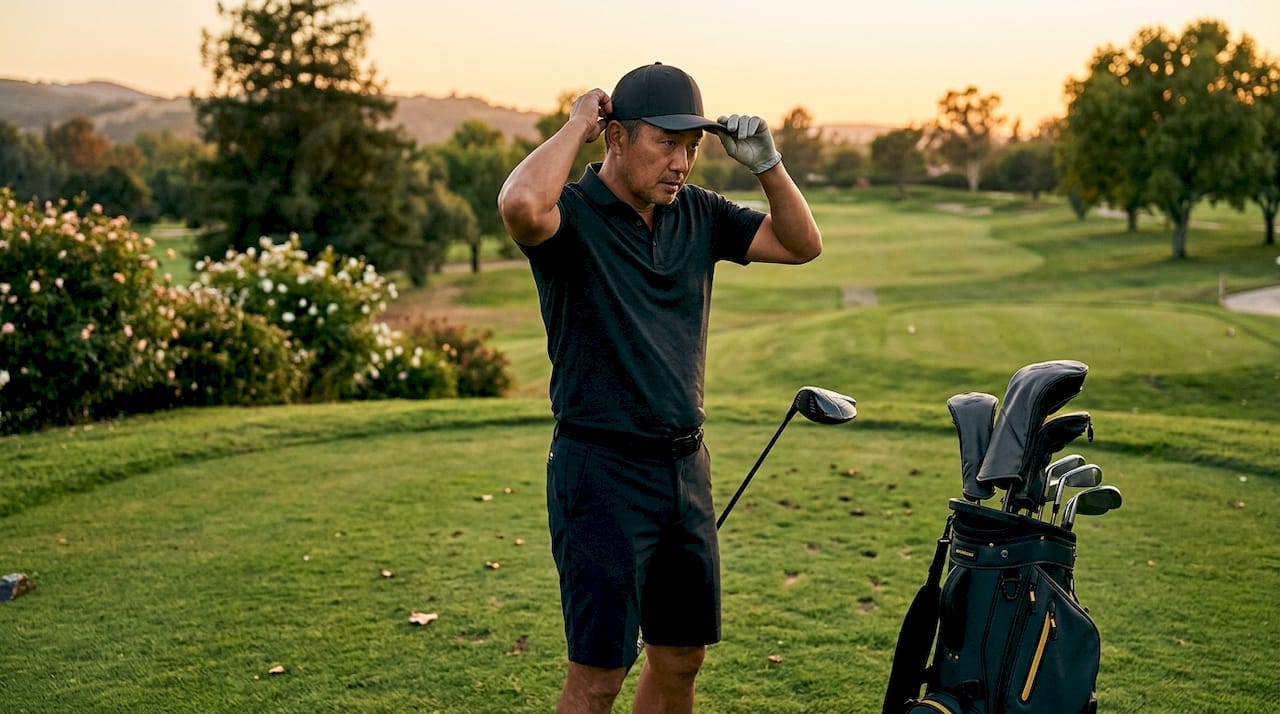 Golfer adjusting golf hat on sunny course