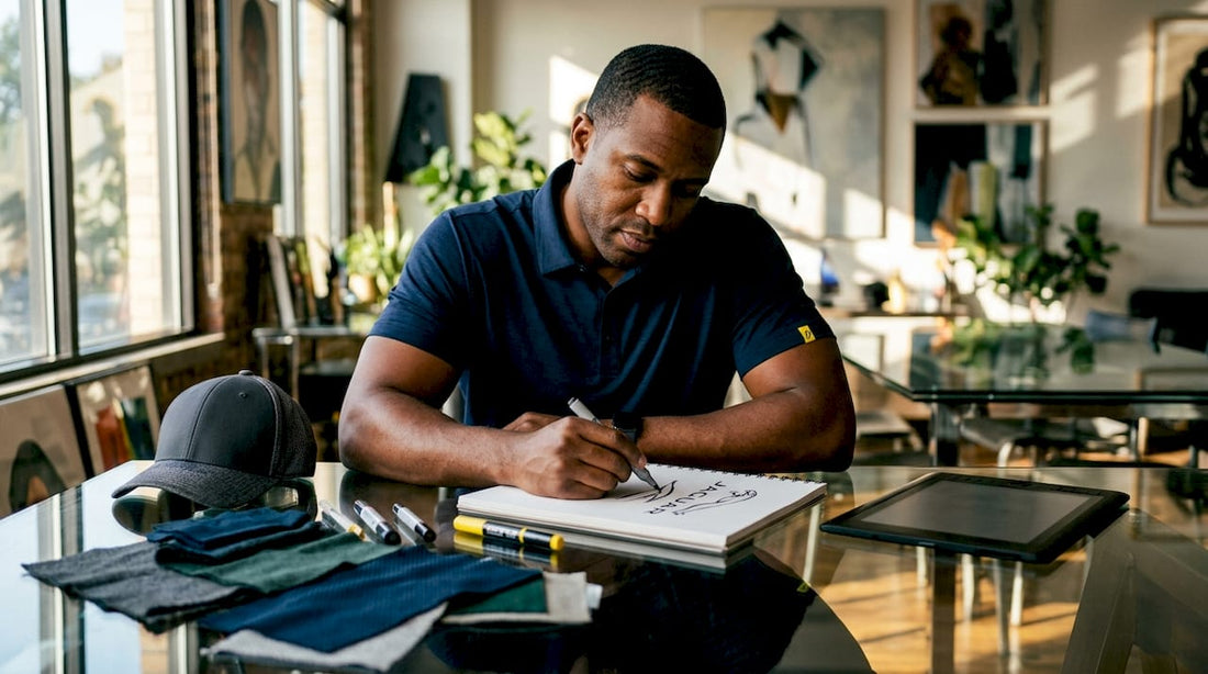 Designer sketching logo ideas on golf caps
