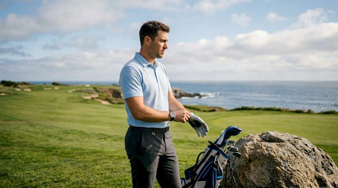 Golfer in red shirt on course preparing to tee off