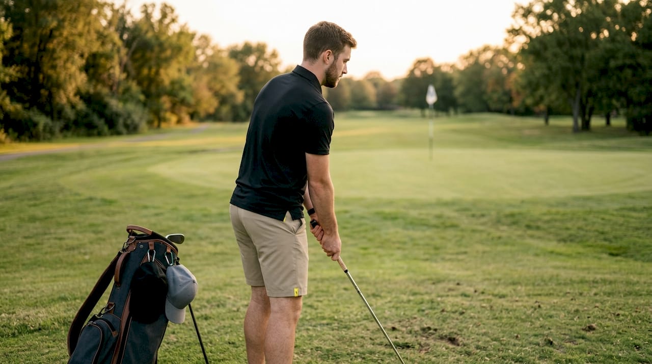 Man wearing stylish affordable golf gear outdoors