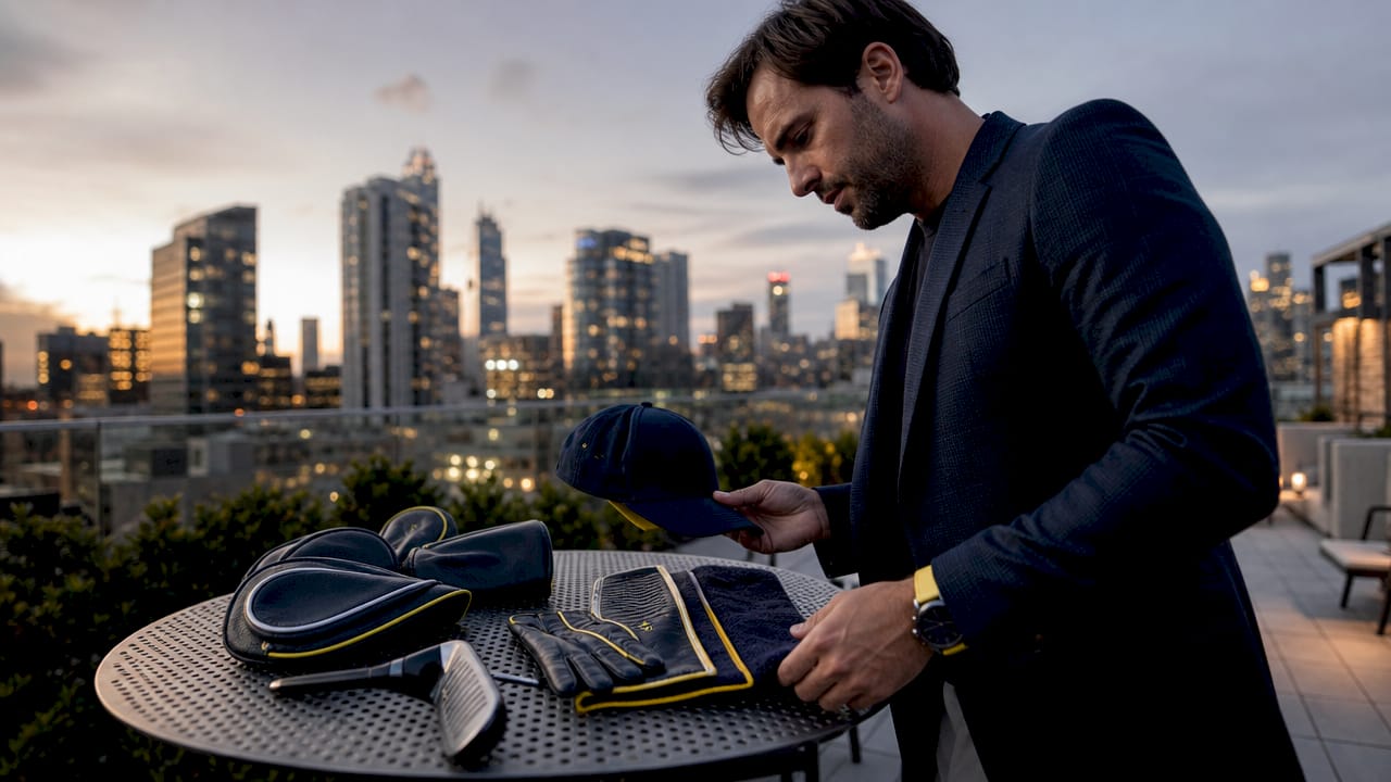 Golfer arranging premium golf accessories on bench outdoors