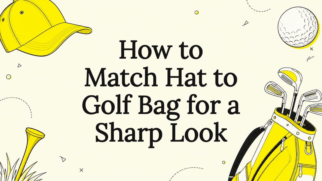 Decorative title card with golf hat and bag elements