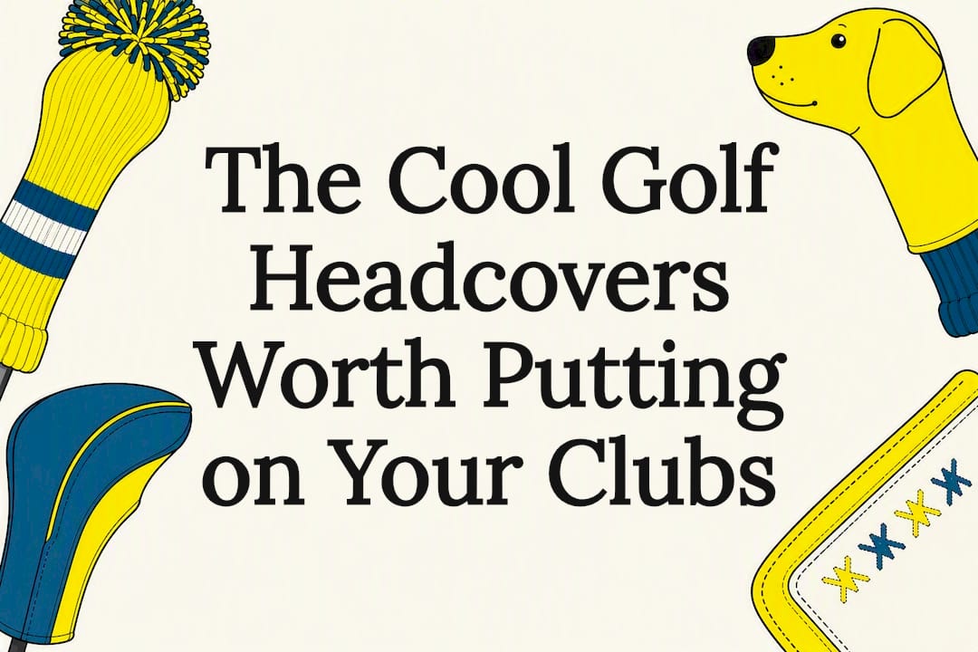 Decorative title card with golf headcover illustrations